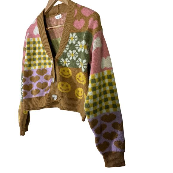 Debut Quirky Patchwork Cropped Cardigan Womens XS Brown Pink Retro Indie Whimsy - Picture 6 of 9